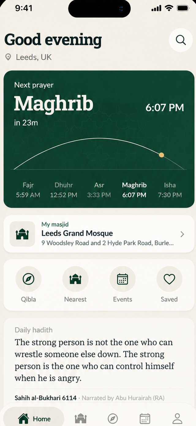 SalamGuide home screen showing the next prayer, Maghrib at 6:07 PM, and the prayer times for the day