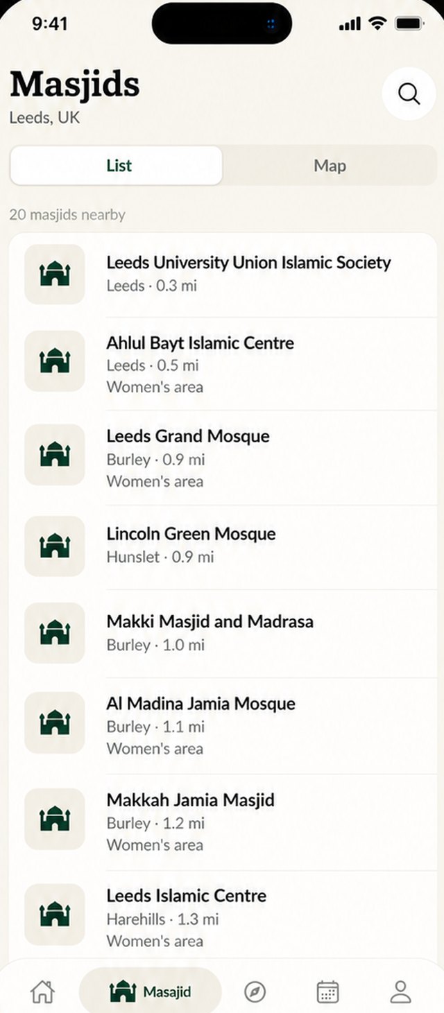 List of masjids in Leeds with distance and women's area